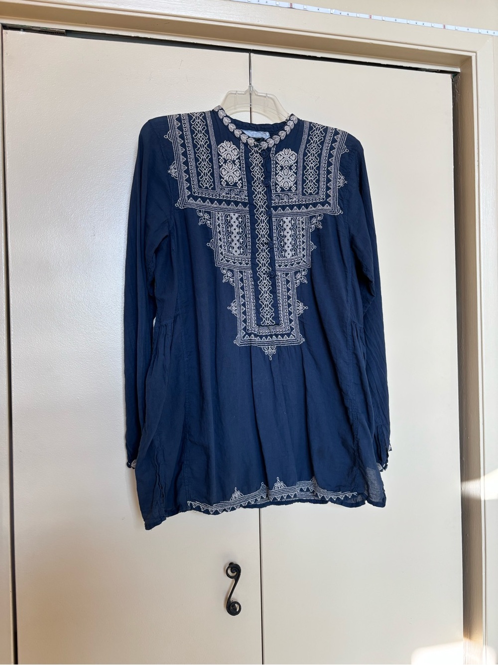 Johnny Was Navy Tunic with White Embroidery